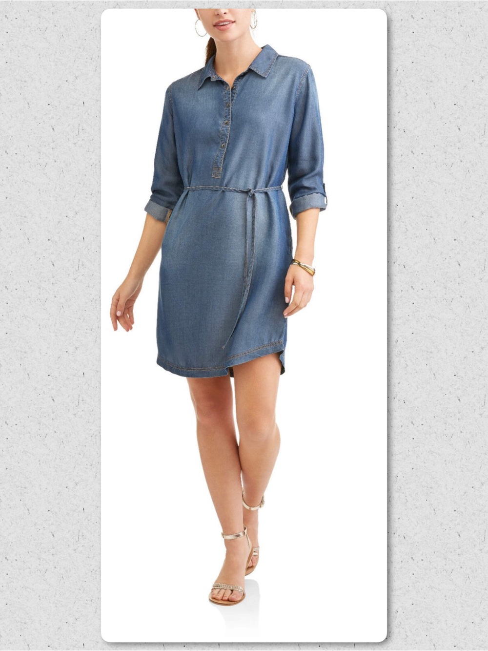 Denim Shirt Dress with Tie Waist - Blue